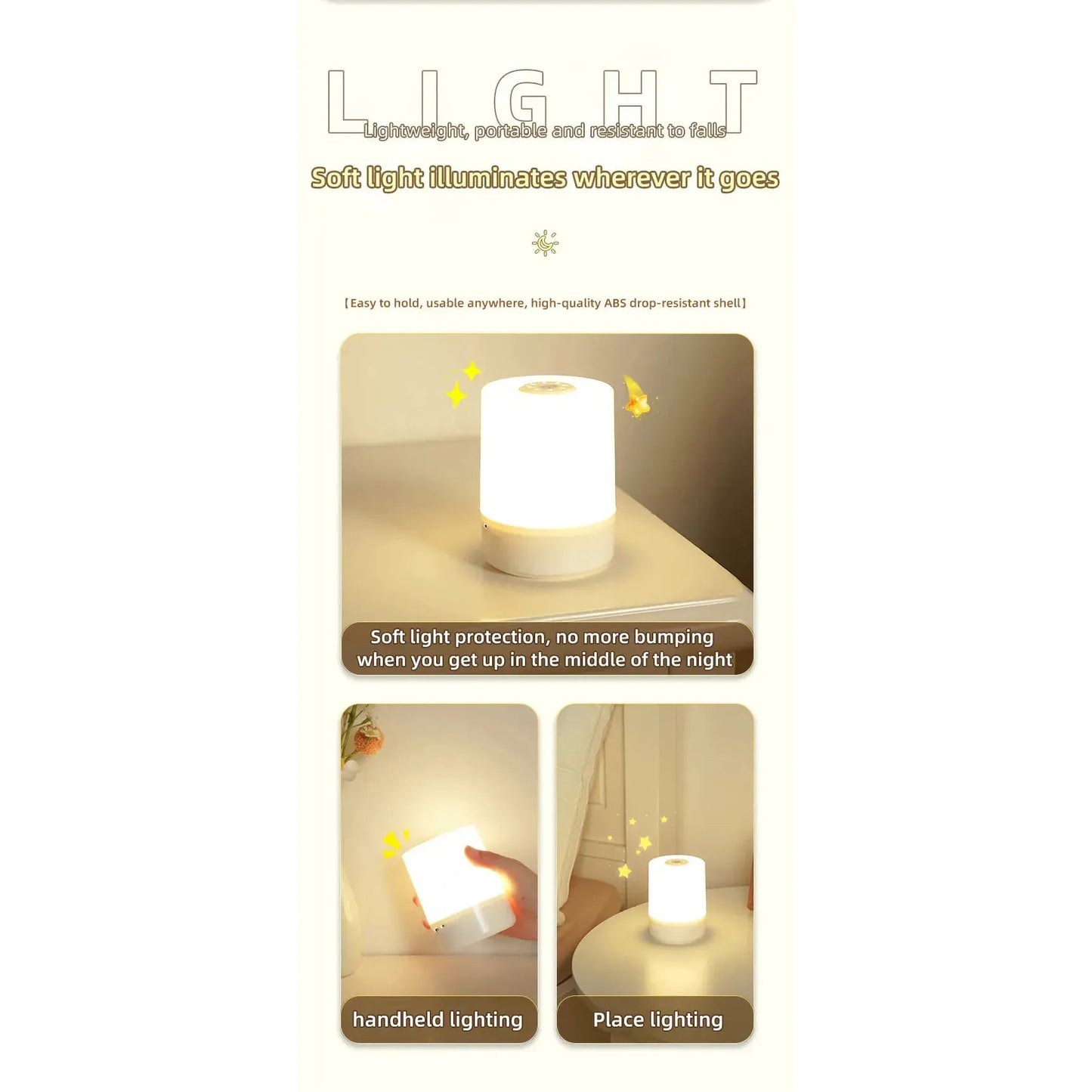 A promotional image for the Rechargeable Dimmable Touch LED Night Light USB Table Lamp, highlighting features like Lightweight, portable, and fall-resistant, Soft light illuminates anywhere, and Avoid bumps when getting up at night. USB rechargeable for ultimate convenience.