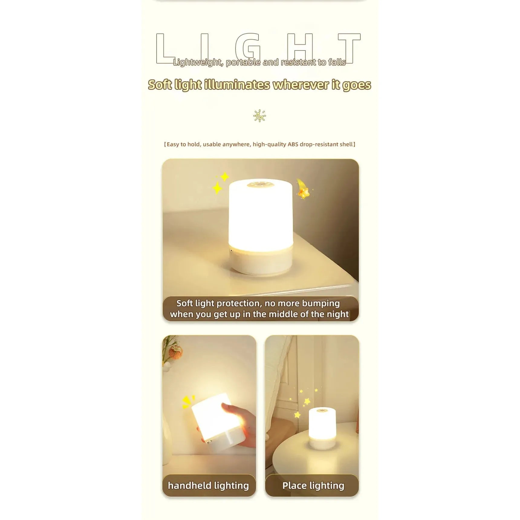 A promotional image for the Rechargeable Dimmable Touch LED Night Light USB Table Lamp, highlighting features like Lightweight, portable, and fall-resistant, Soft light illuminates anywhere, and Avoid bumps when getting up at night. USB rechargeable for ultimate convenience.