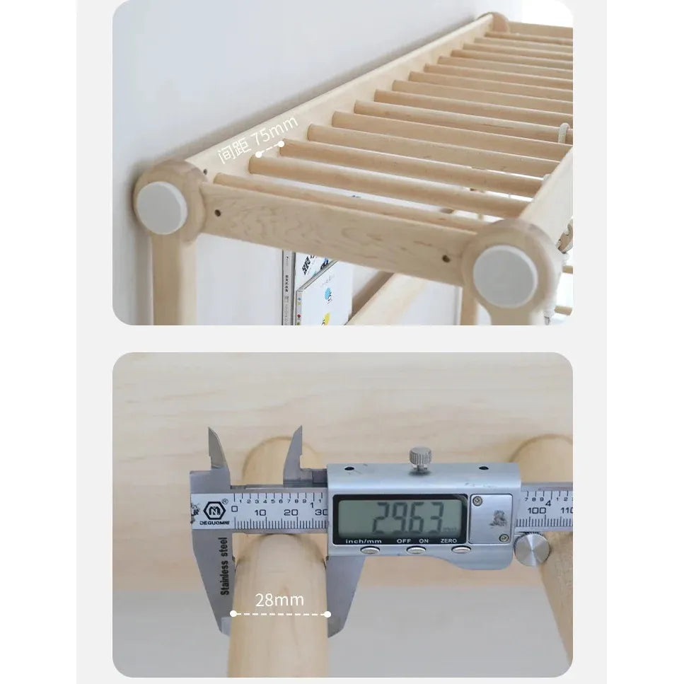 The image shows a wooden rack with slats, similar to the Versatile Solid Wood Childrens Bed with Climbing Frame and Swing Features. A caliper measures part of the wood with a digital readout of 29.63 mm, alongside a visible 28 mm marking.