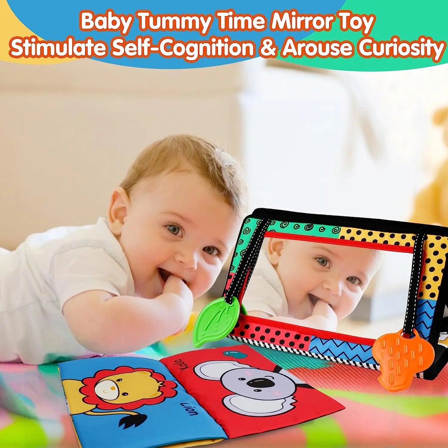 A baby lies on a colorful playmat with the Crinkle Cloth Book Visual Stimulation Newborn Toy, exploring a brightly colored mirror toy labeled Stimulate Self-Cognition & Arouse Curiosity, surrounded by playful patterns and animal-themed picture cards for visual stimulation.