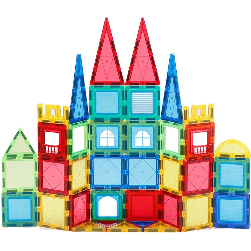 The Magplayer Magnetic Tiles Construction Set features translucent blue, red, yellow, and green shapes with pointed roofs and square windows, enabling kids to build symmetrical castles. This Montessori educational toy stimulates cognitive development and encourages imaginative play.