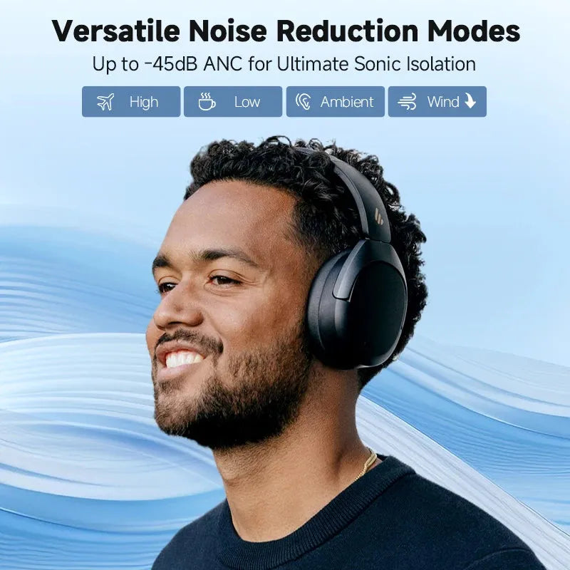 A person with Edifier W830NB Wireless Headphones smiles against a blue abstract background. Text reads: Versatile Active Noise-Cancellation Modes. Up to -45dB ANC for Ultimate Sonic Isolation. Icons indicate noise reduction modes: High, Low, Ambient, Wind.