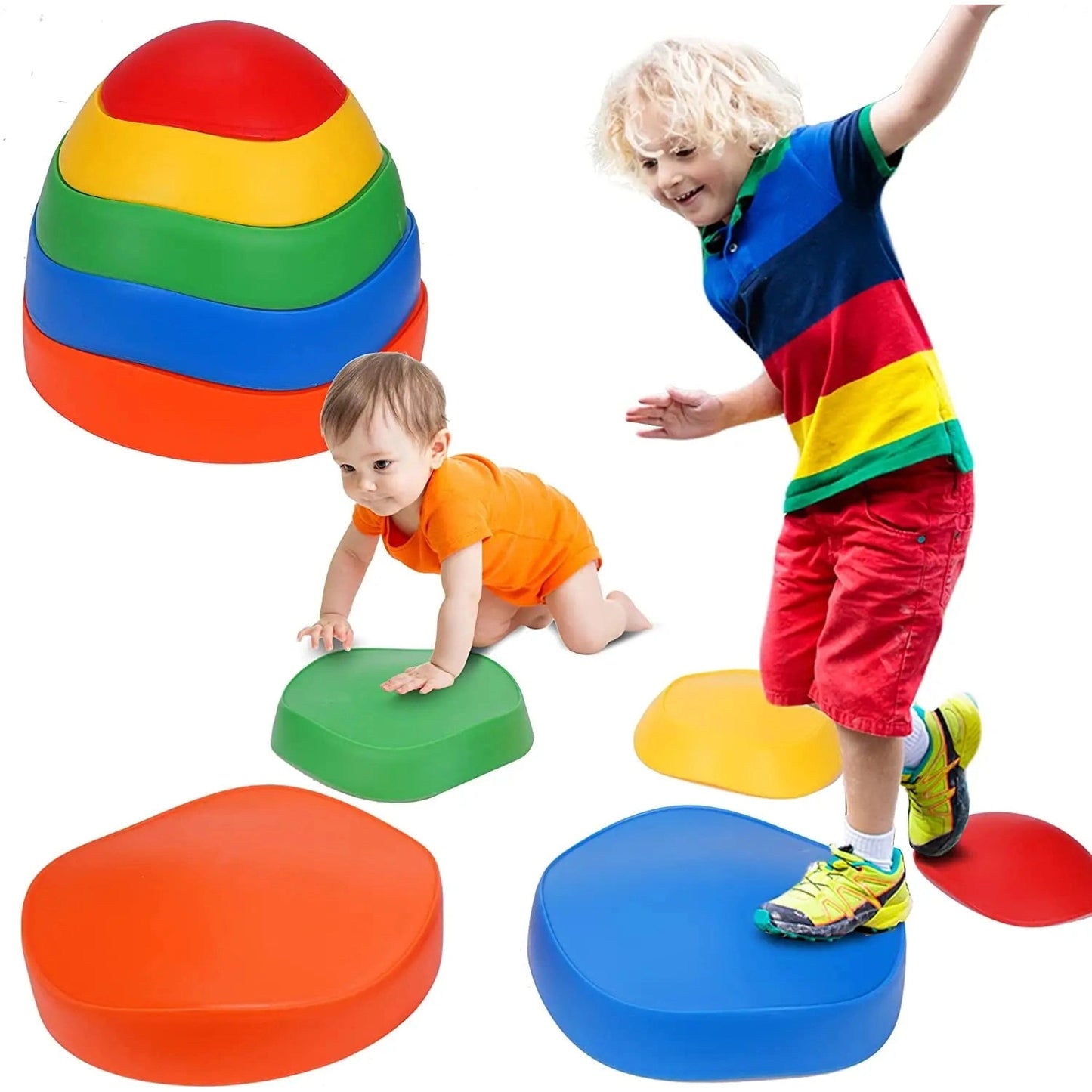 Two children use the Kids 5-Piece Outdoor Balance Stepping Stones Set to create a thrilling obstacle course. A toddler crawls on green stones, while the older child skillfully balances on a blue stone. Nearby, red, green, blue, and yellow stones await their turn.