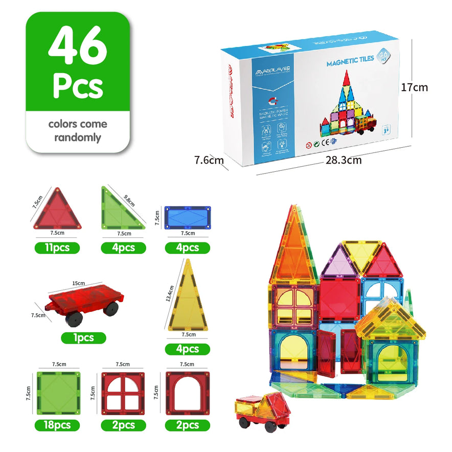 Box and pieces of a 46-piece Magplayer Magnetic Construction Blocks for Kids set. Includes various shapes like triangles, squares, doors, and wheels for creative building. Colorful tiles can form a toy house or car. Dimension details encourage STEM learning.