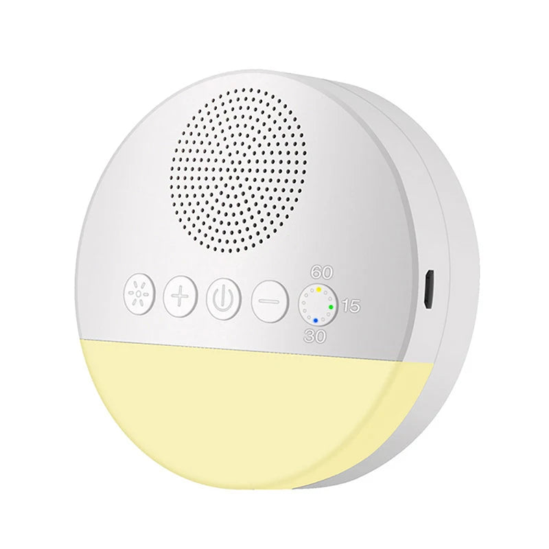The Baby White Noise Machine USB Rechargeable Sleep Sound Player with Night Light and Timer features a round white design, speaker grill, four buttons, timer dial, nightlight base, and side charging port for portable soothing sounds anywhere.