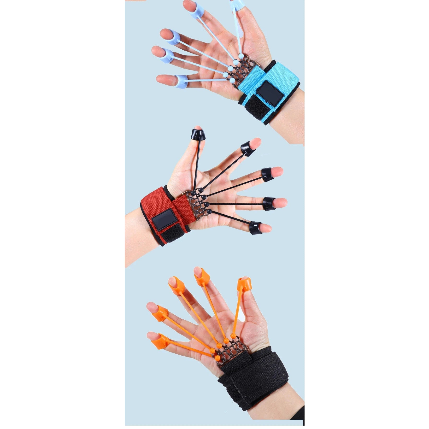 Three hands wear various rehabilitation gloves similar to the Forearm Grip Strengthener - Hand and Finger Trainer for Enhanced Grip Power, featuring colorful fingertip covers and wrist straps: blue on the top hand, black in the middle, and orange at the bottom against a light blue background.