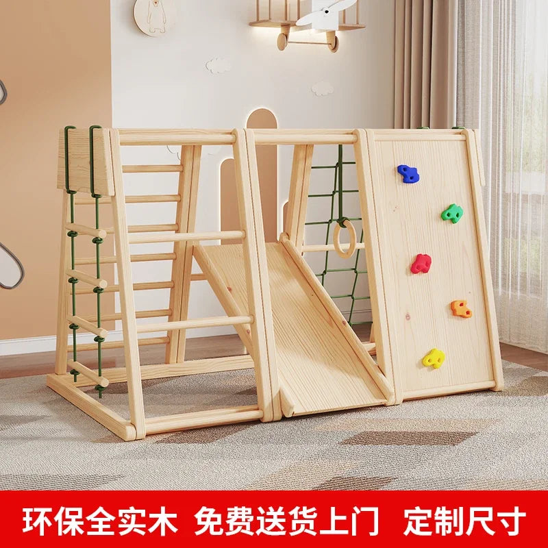 The Versatile Solid Wood Indoor Climbing Frame includes a slide, colorful climbing wall, and rope net, ideal for sensory development. It complements a childrens room with carpet and beige curtains.