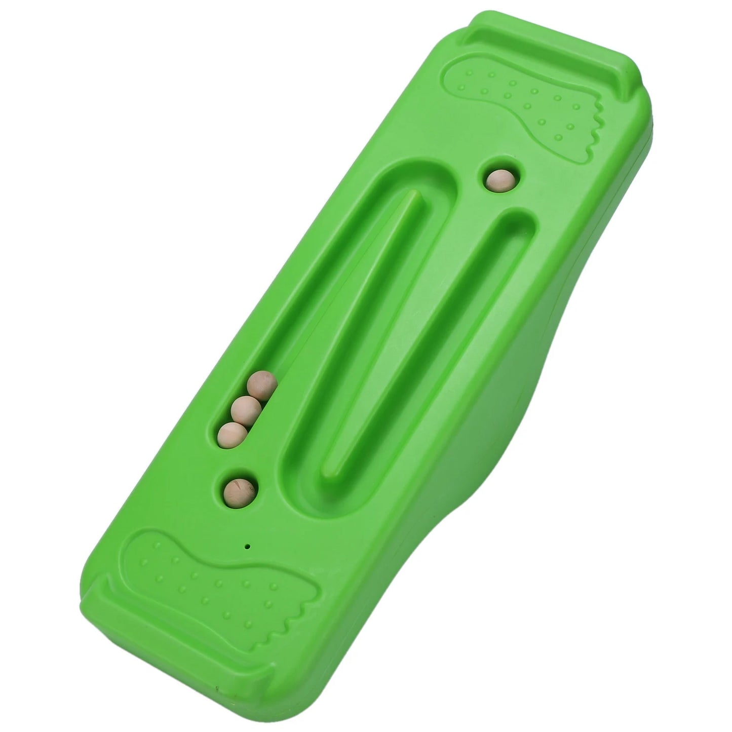 The Versatile Childrens Seesaw and Balance Board, in green with a zigzag groove, is perfect for active play. It includes several small beige balls to promote sensory development as children explore twists and turns.