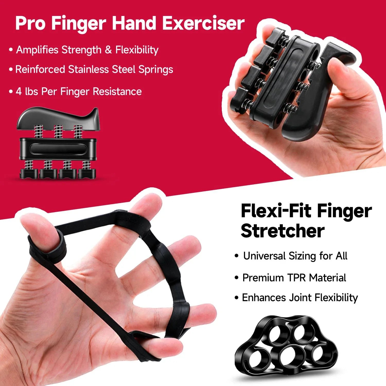 Image of two hand exercise tools on a red and white background. The top shows the Adjustable Hand Grip Strengthener with springs for adjustable resistance, while the bottom displays the Flexi-Fit Finger Stretcher. Text highlights features like strength, flexibility, and universal sizing.