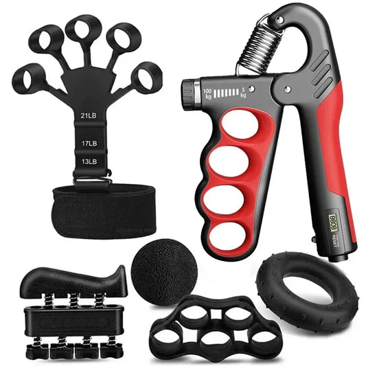 Introducing the Hand Gripper for Muscle Development and Fitness Workouts: a portable, sleek black and red set with adjustable resistance. Includes a finger stretcher, exercise ring, stress ball, finger exerciser, and grip-enhancing handle for comprehensive hand training.