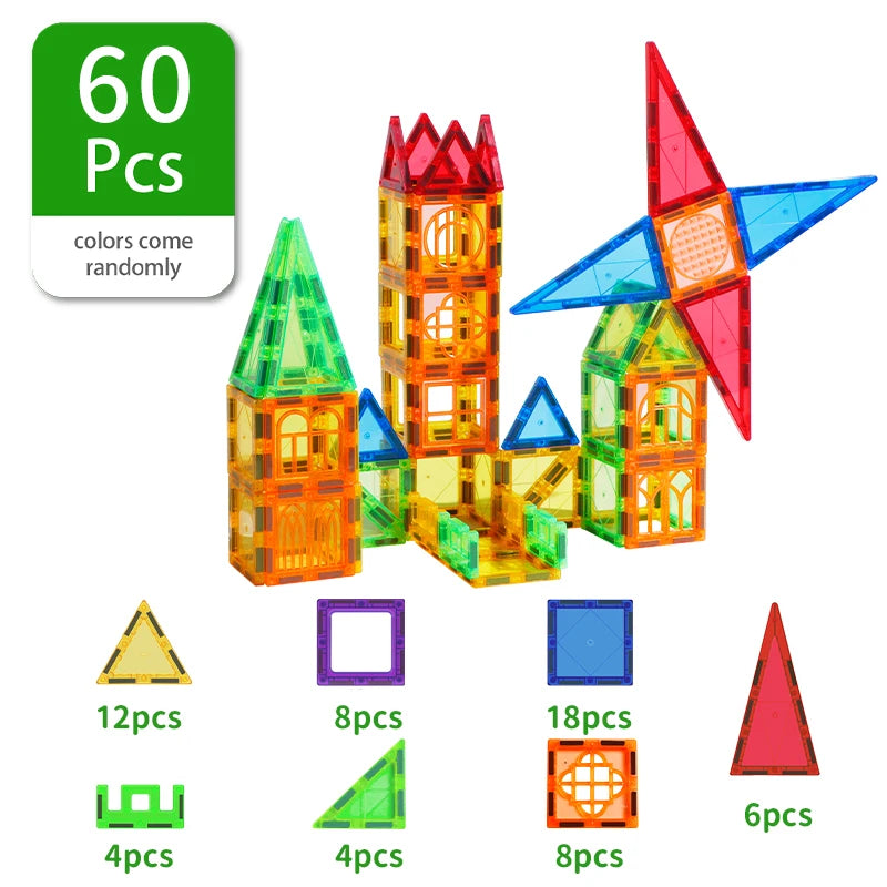 The Magplayer Magnetic Building Blocks set features Montessori-inspired, colorful magnet tiles in various shapes, including triangles, squares, and rectangles. The 60-piece set assembles into structures like a windmill and includes a diagram for educational play. Perfect for kids!.