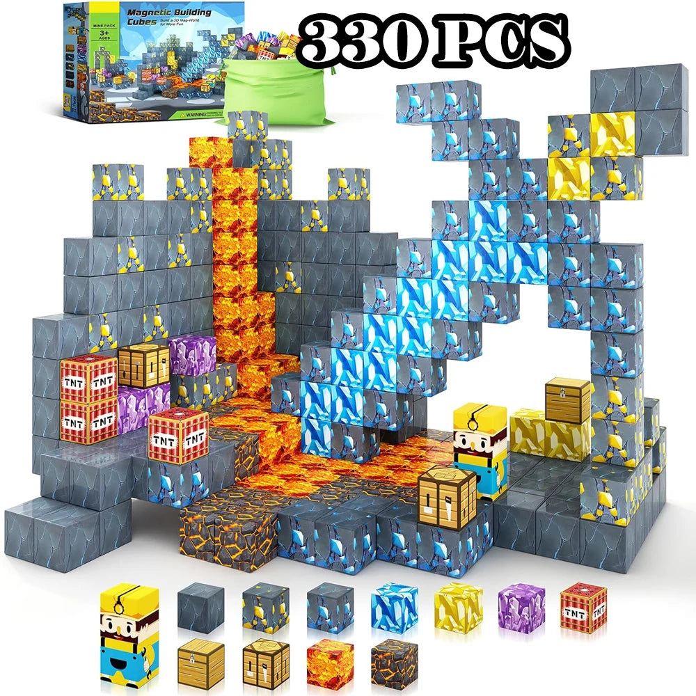 The Magnetic Building Blocks Mine World Magnet Cube Set (SJJ-FullSet-333PCS) for ages 3+ includes gray, blue, and lava-colored cubes, crates, TNT boxes, a storage box, and a small figure. It’s a Montessori STEM sensory toy gift.