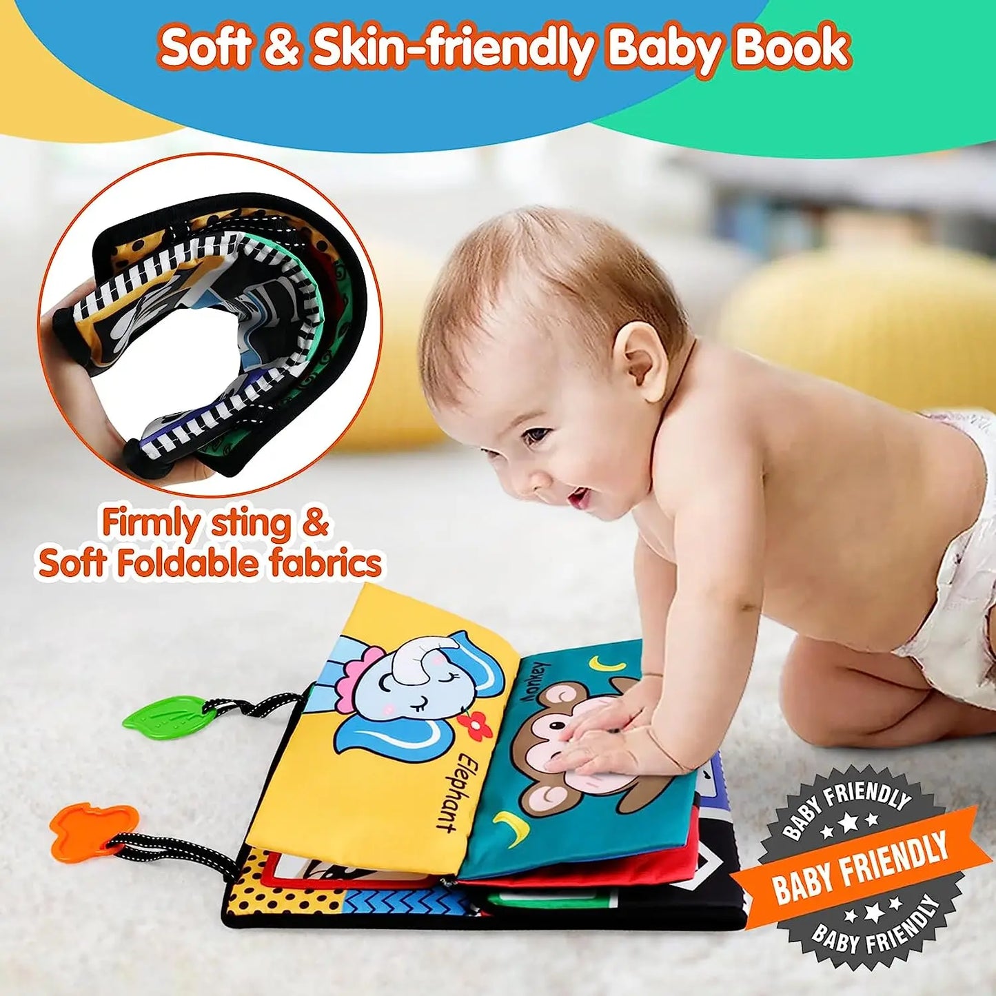 A baby is on a carpet, engaged with the Crinkle Cloth Book Visual Stimulation Newborn Toys, featuring animal illustrations. Its soft, foldable fabrics and durable stitching foster sensory exploration. Various pages and tags boost visual stimulation, making it ideal for newborns.