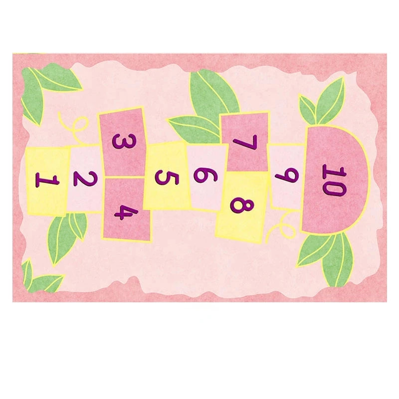 A playful Childrens Play Hopscotch Carpet with 10 colorful numbered squares, featuring anti-slip backing—perfect for kids’ bedrooms or playrooms as a decorative and safe large area rug.