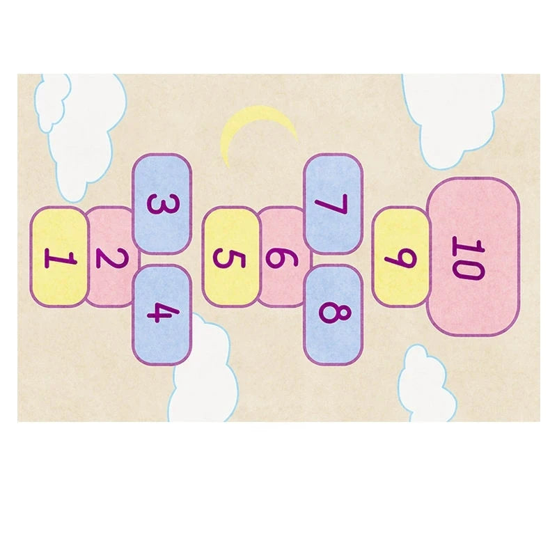 The Children’s Play Hopscotch Carpet (Color: 09) features numbered squares forming a playful geometric pattern—ideal as an anti-slip, large area crawling floor mat for boy and girl rooms or living room decor.