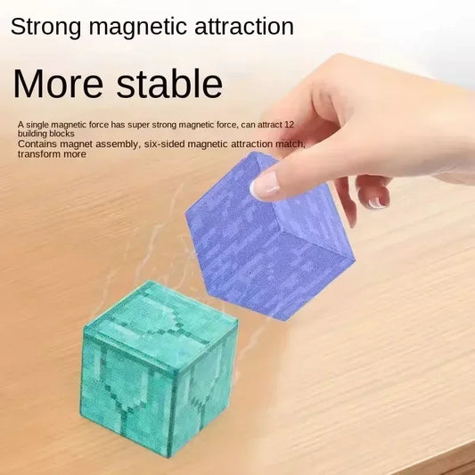A hand holds a blue magnet cube above a green one on wood. The cubes’ strong magnetic attraction and stability make the Magnetic Building Blocks Mine World Magnet Cube Set ideal as a DIY Montessori STEM educational sensory toy for kids ages 3+.