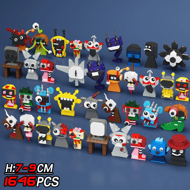 A vibrant 1646-piece New Moc Incredibox Sprunki Building Blocks Set, inspired by horror anime music games, features colorful robot and creature figurines arranged in four rows—perfect as a birthday or Christmas gift.