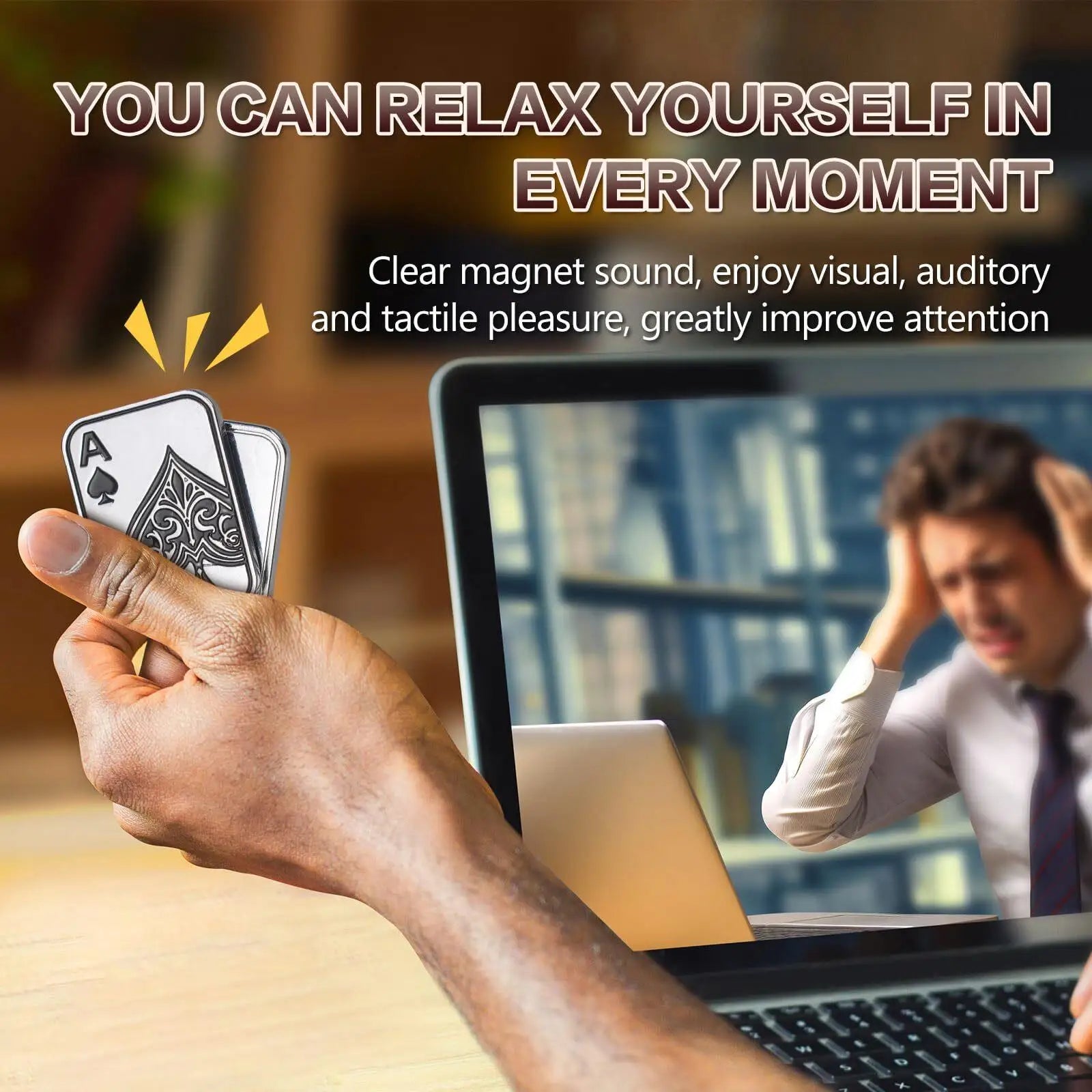 A hand holds two EDC Metal Fidget Slider Magnetic Poker Push Cards in front of a laptop showing a stressed man; text highlights relaxation, focus, and sensory enjoyment—ideal for anxiety relief and as an office gift for dads, teens, or men.
