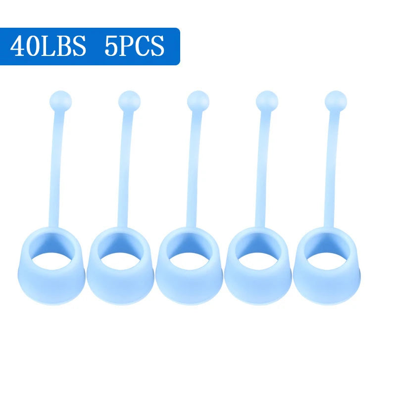 Five blue silicone rings with long handles are lined up vertically on a white background. A blue label at the top left reads 40LBS 5PCS. These rings effectively strengthen forearm grip, enhancing hand strength using the Forearm Grip Strengthener - Hand and Finger Trainer for Enhanced Grip Power.