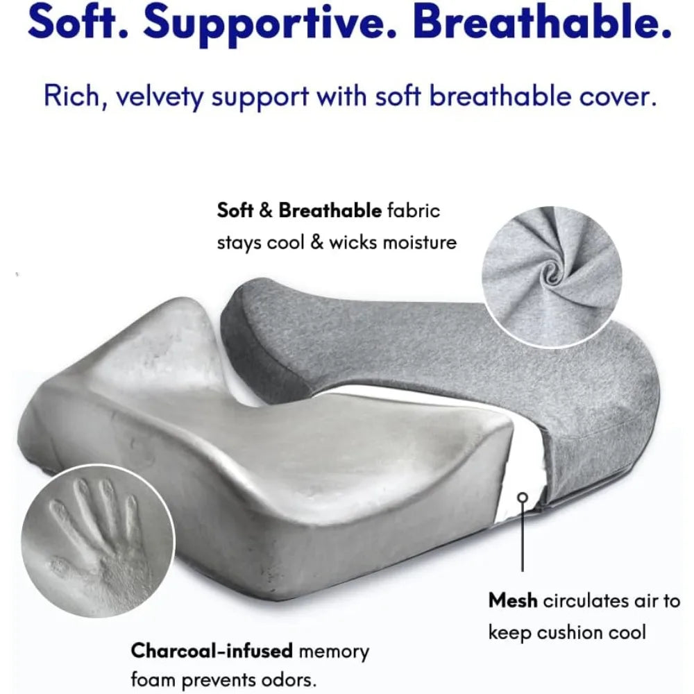 The Cushion Lab Patented Pressure Relief Seat Cushion features a curved design with cooling mesh and charcoal-infused memory foam for comfort and odor prevention, offering soft, breathable fabric to stay cool and wick moisture, ideal for long sitting hours on office chairs, home chairs, cars, or wheelchairs.