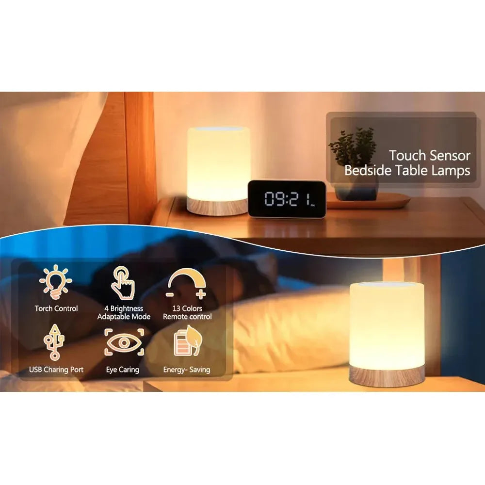 A cozy bedroom includes the Portable Touch-Sensitive LED Night Light with a rechargeable battery, featuring torch control, 4 brightness modes, 13 color remote control, USB charging port, eye-caring and energy-saving functions. An LED clock shows 09:21.