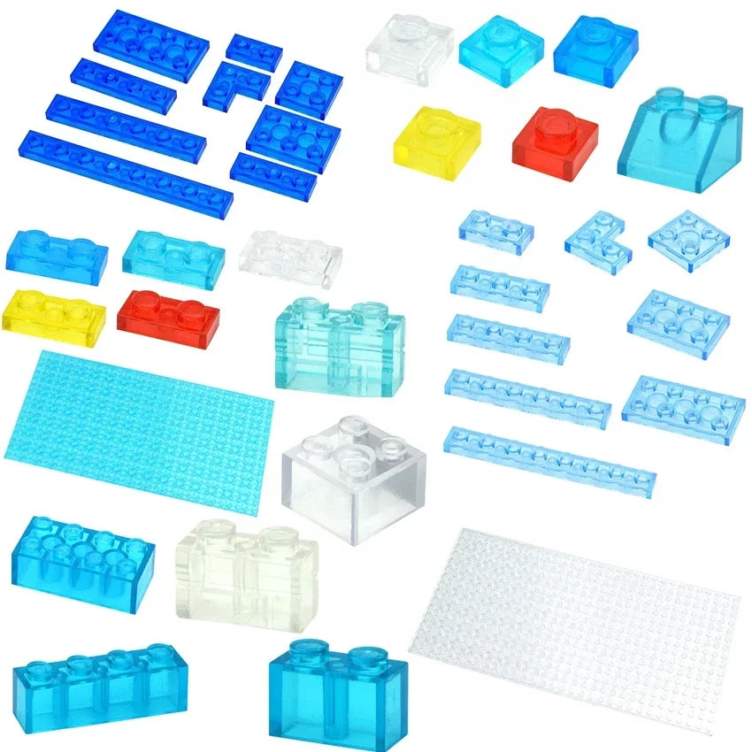 The MOC Transparent Bulk Brick Set includes 1x1, 1x2, 1x4, and 2x4 clear building block panels in assorted shapes and sizes, perfect for house walls or creative builds—compatible with Lego for expanding your collection.