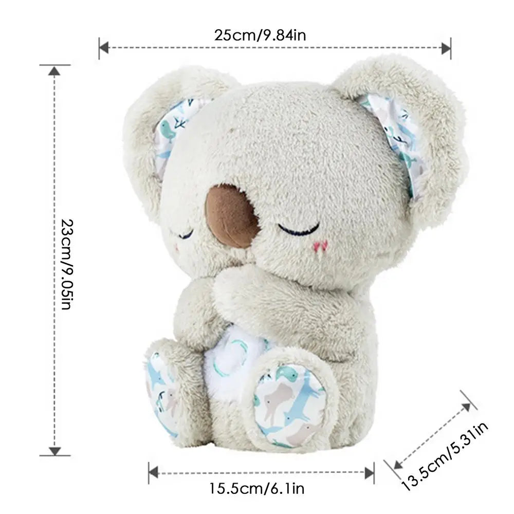The Koala Night Light Plush Toy is a light gray koala with closed eyes, patterned ears and feet, a brown nose, and a subtle blush. At 25cm tall, 23cm wide, and 15.5cm deep, its an ideal bedtime companion that soothes newborns with calming melodies.
