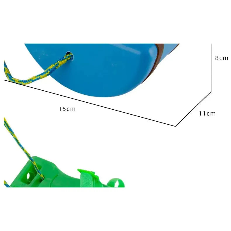 Close-up of two sections of the Interactive Outdoor Balance Board Seesaw for Kids, a sensory training toy: one blue, 15cm x 11cm x 8cm, and the other green. This engaging outdoor equipment promotes balance and coordination.