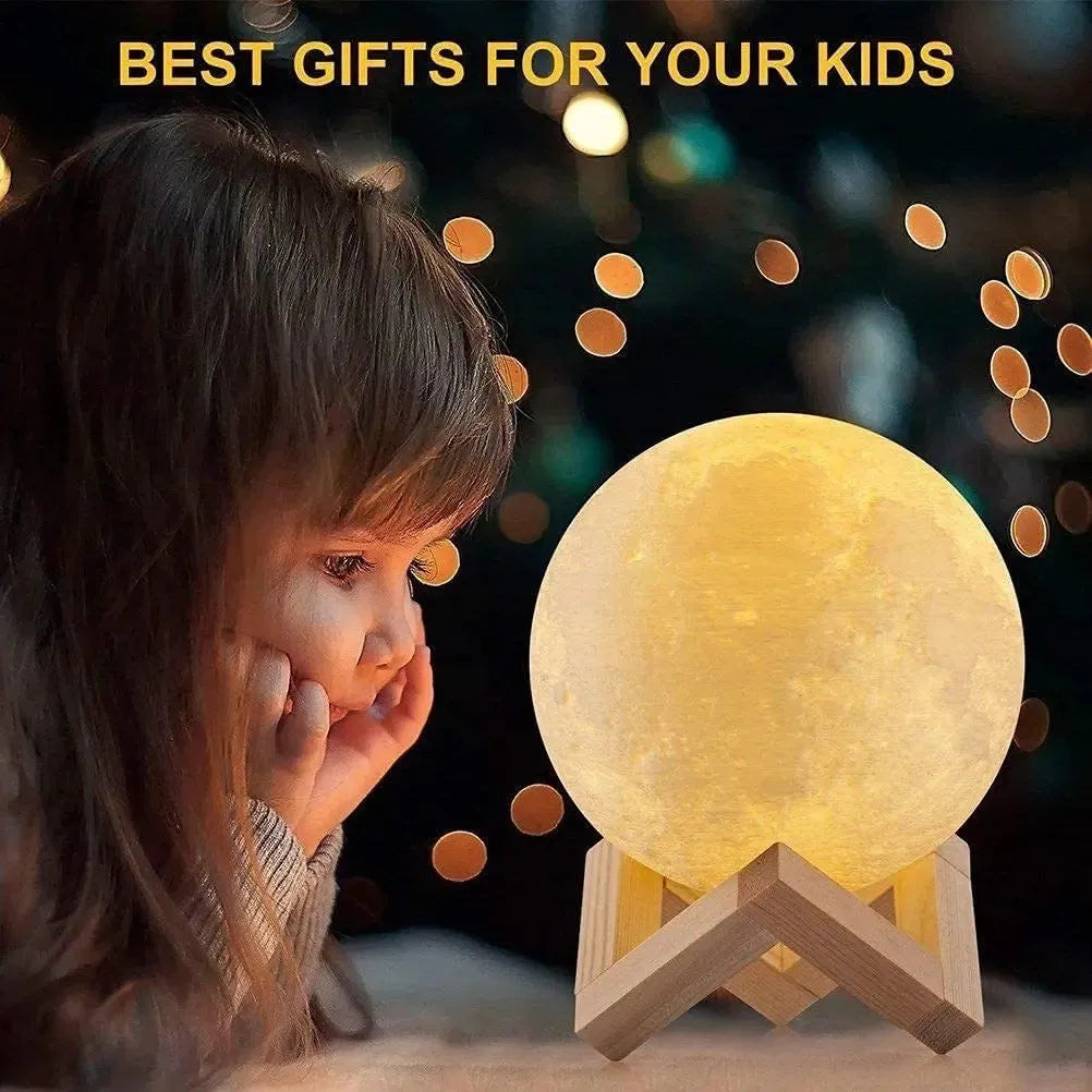 A child gazes at a Celestial 3D Moon Lamp LED Night Light on a wooden stand. Warm background lights create a cozy atmosphere. Text reads, Enchanting Starry Decor Gift for Kids and Adults.