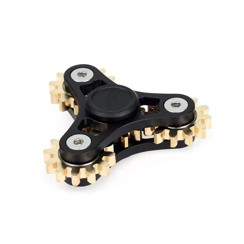 A black bike chain metal fidget spinner with brass gear-shaped edges and silver bolts, set against a white background, offers stress relief and captivates the senses. This 9-gear linkage toy is perfect for adults and makes a fun gift idea.