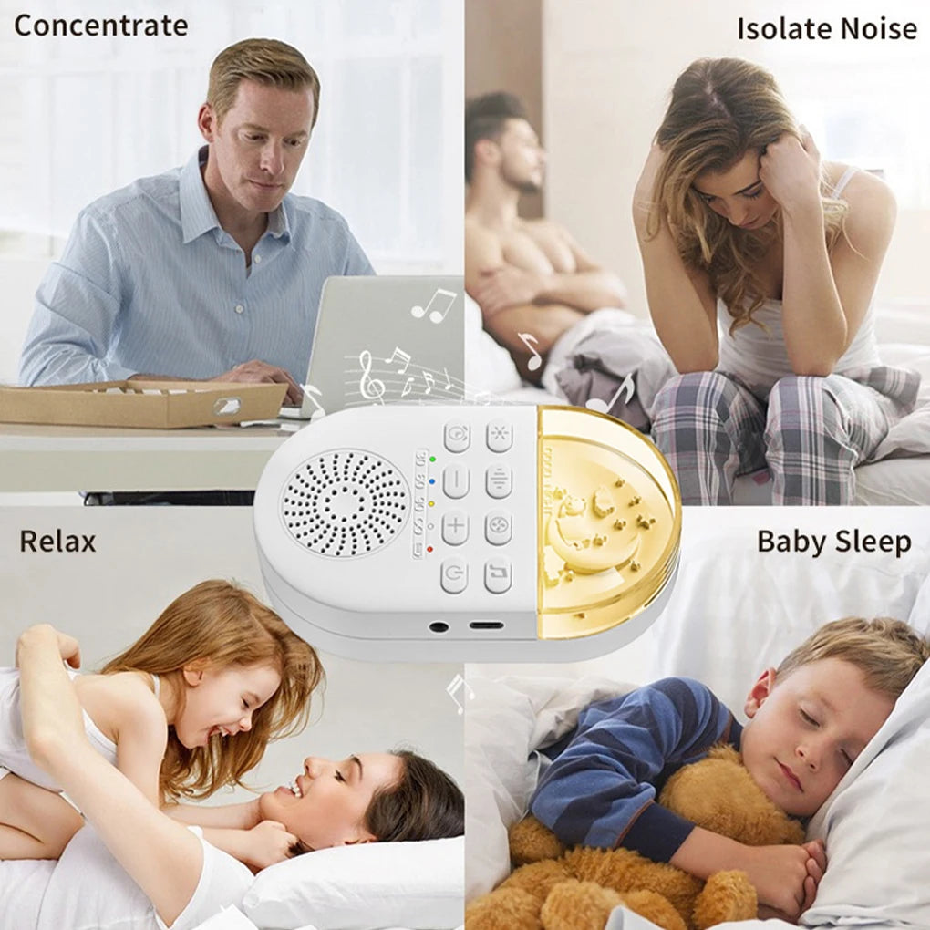 A collage depicts a man working, a woman with her head in her hands, a mother with her child, and a boy sleeping with a teddy bear. In the center is the Travel-Friendly White Noise Machine with Soothing Sounds and Night Light, illustrating its use for focus, relaxation, and restful sleep.