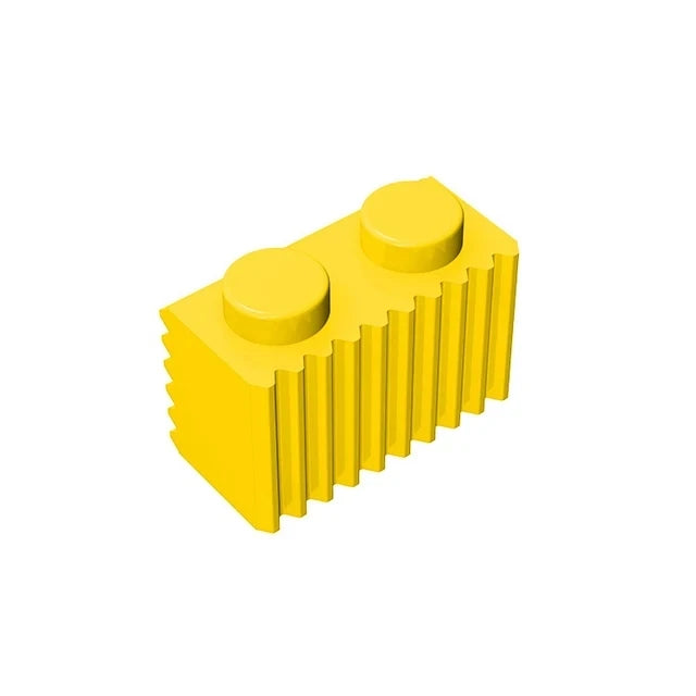 A set of 50 yellow MOC Parts 2877 Brick Modified 1x2 with Grille Fluted Profile, compatible with Lego, features two studs and vertical ridges—ideal for boosting fine motor skills, displayed on a white background.