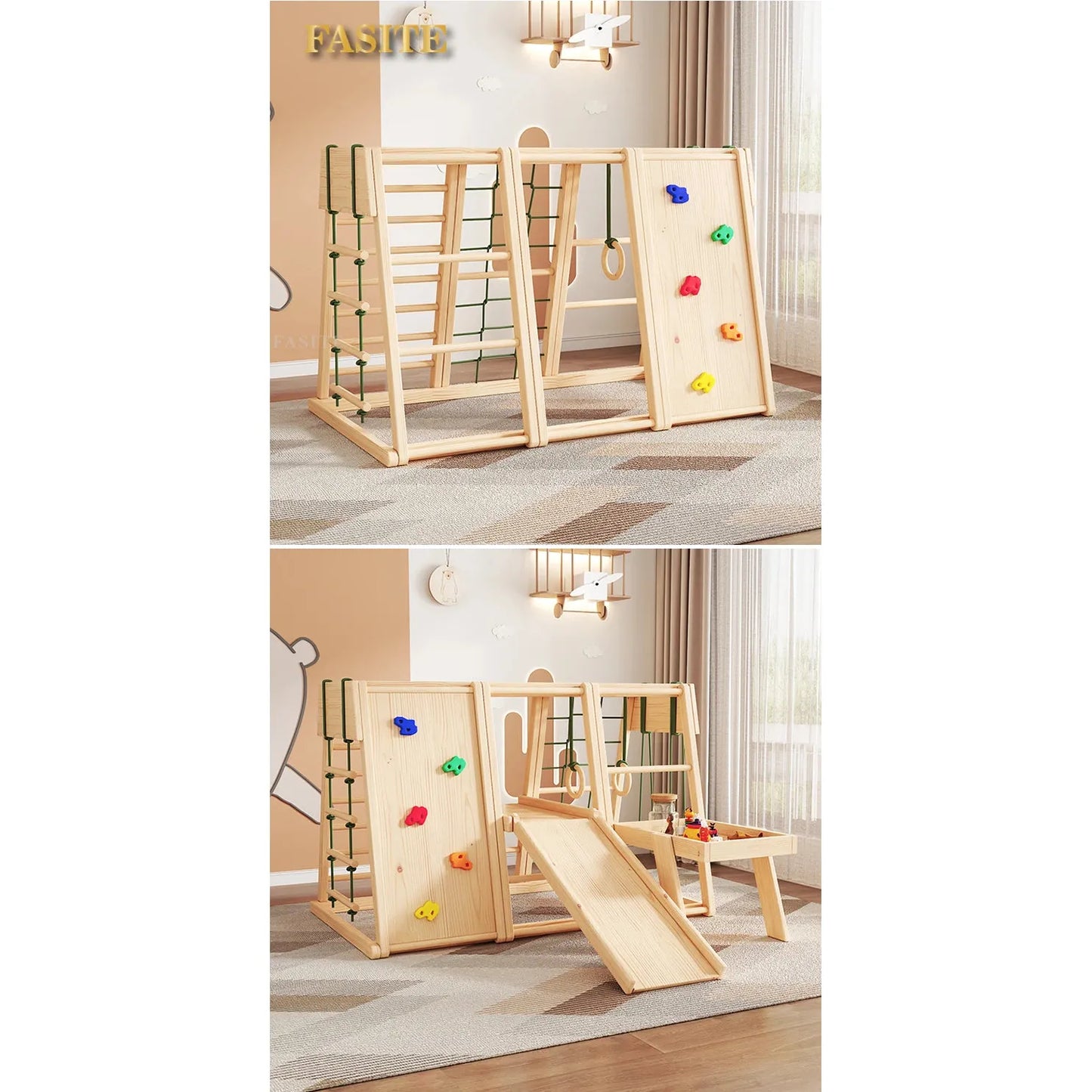The Versatile Solid Wood Indoor Climbing Frame for Kids’ Sensory Development, featuring a rock wall, rope net, ladder, slide, and optional swing, is set on a carpet in a brightly lit room with pastel-colored walls.