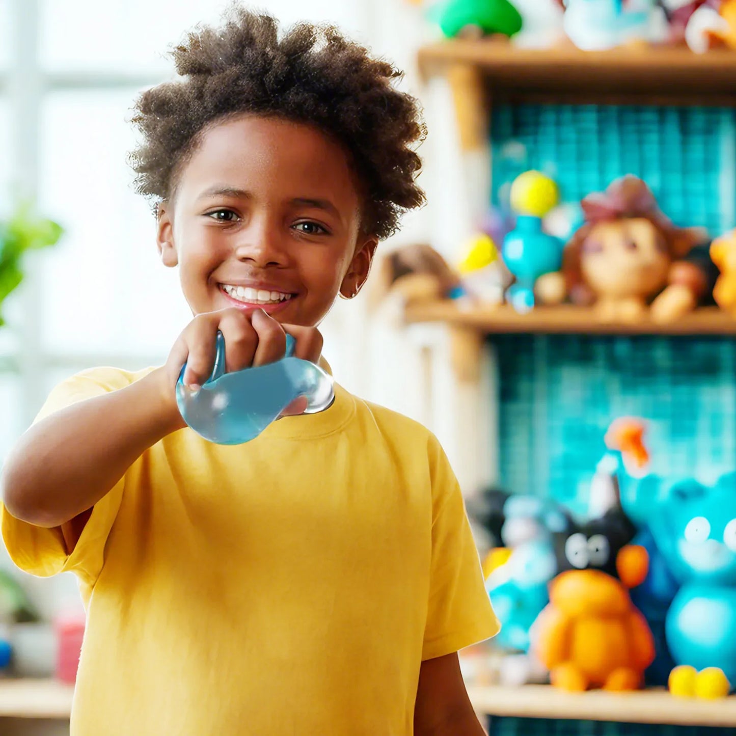 A smiling child in a yellow shirt holds an Ice Cube Shaped Fidget Toy Square Stress Relief Ball, while colorful plush toys line the shelves behind, creating a playful setting that promotes anxiety and stress relief.