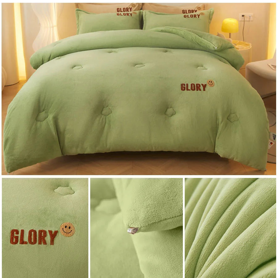 The KDJEIKZ Ultra Cozy Winter Weighted Blanket features Glory and a smiley face embroidery on soft milk velvet. Close-ups show button details and stitching. A yellow lamp beside the bed complements the warm room lighting, adding to the luxurious experience of this thick winter comforter.