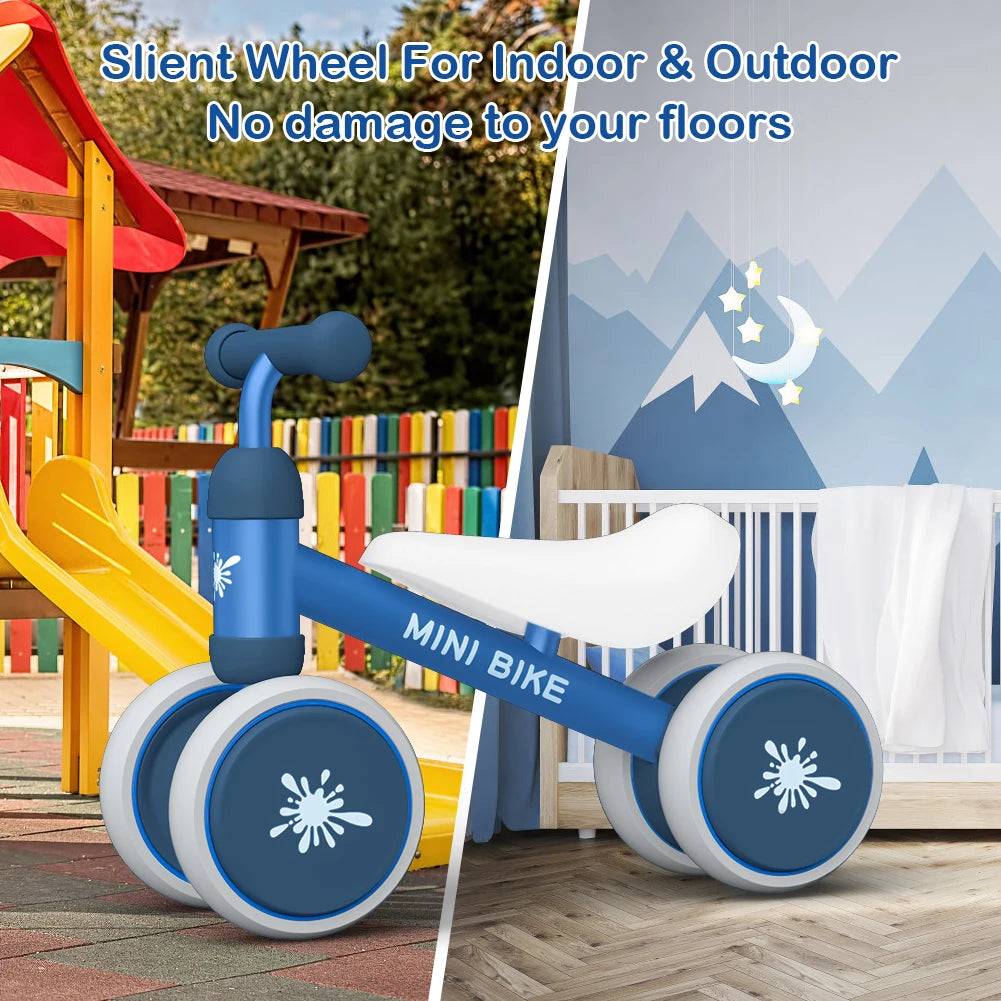 The Baby Balance Bike Ride On Toy for 1 Year Old Boys and Girls features silent wheels for indoor & outdoor use. Shown by a playground slide and in a nursery, its great for gross motor development with no floor damage. Ideal first birthday gift.