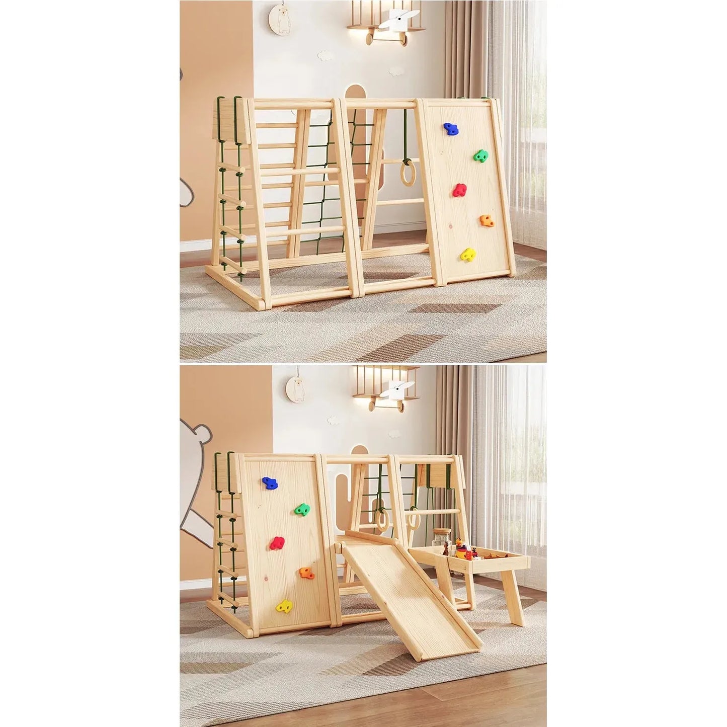 Two views of the Indoor Wooden Climbing Frame for Kids with Slide and Swing show a solid wood set with a climbing net, ladder, slide, and colorful holds. This sensory play set promotes development on a neutral carpet in a softly lit room featuring light walls and sheer curtains.