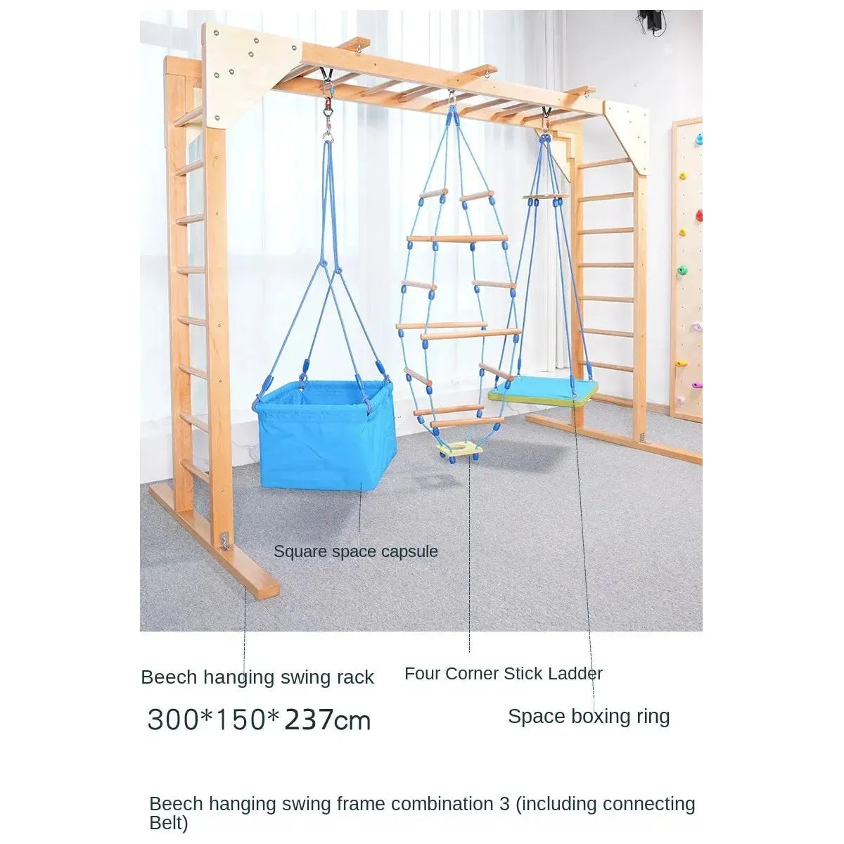 The Indoor Sensory Fitness Ladder for Kids features a wooden gym with a square swing, triangular climbing net, hanging ropes, side ladders, and beams for climbing. See image for dimensions and details.