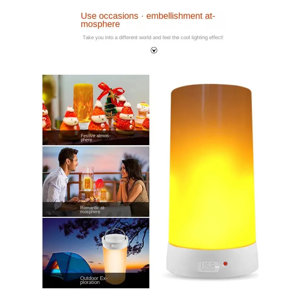 An advertisement for the Simulated Flame LED Night Light shows a cylindrical, gradient orange-yellow lamp in various settings: festively decorated, romantically paired with a couple dining, and outdoors at a campsite. Its realistic flame effect enhances its versatile use for different occasions.