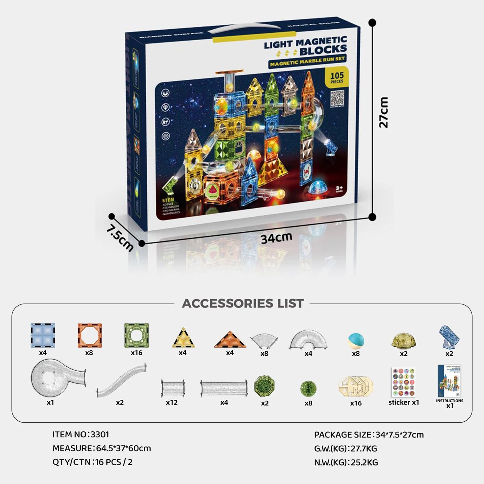 An image of the Magnetic Marble Run Building Blocks Set in its packaging showcases a futuristic building design. Ideal for STEM learning, it includes 105 pieces and measures 34cm x 27cm x 7.5cm. An accessories list with block types and quantities is displayed below.