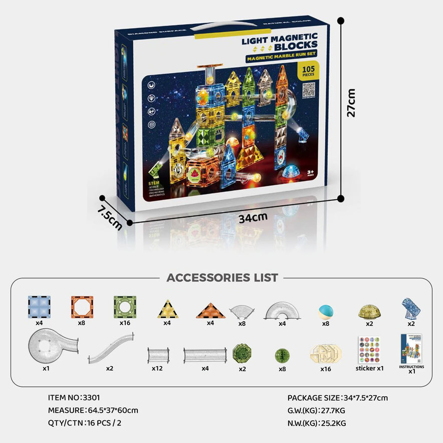 An image of the Magnetic Marble Run Building Blocks Set in its packaging showcases a futuristic building design. Ideal for STEM learning, it includes 105 pieces and measures 34cm x 27cm x 7.5cm. An accessories list with block types and quantities is displayed below.
