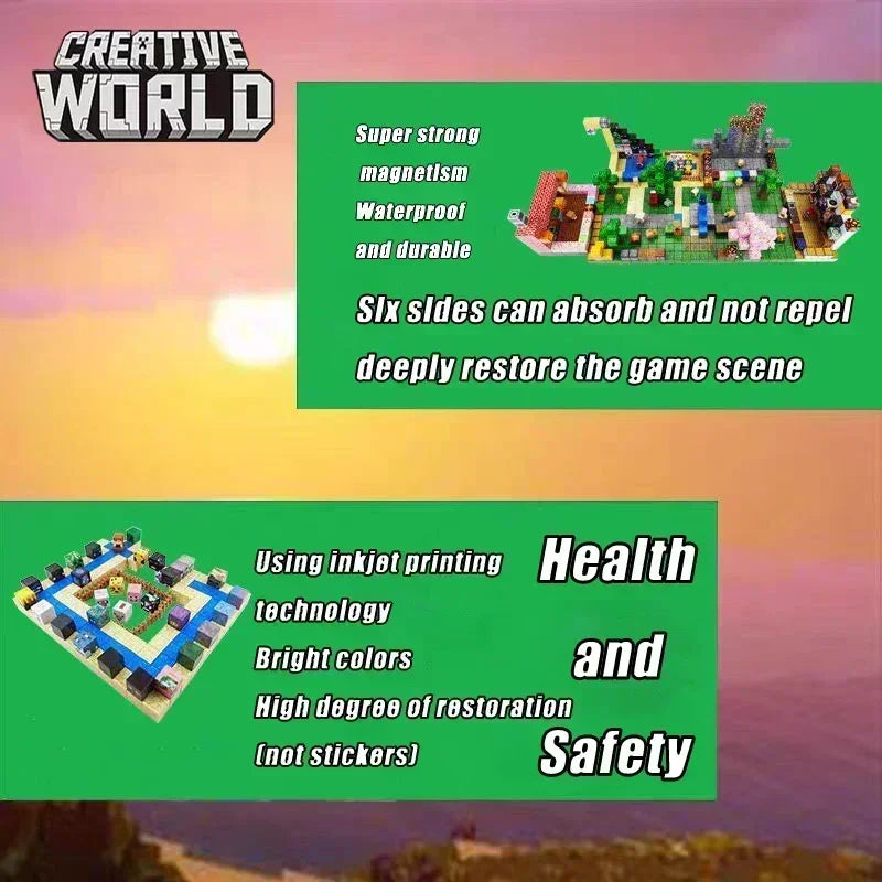 A promotional graphic showcases the Magnetic Building Blocks Mine World Magnet Cube Set for Kids Ages 3+, highlighting magnetism, waterproof durability, bright colors, health and safety, and realistic scene restoration.