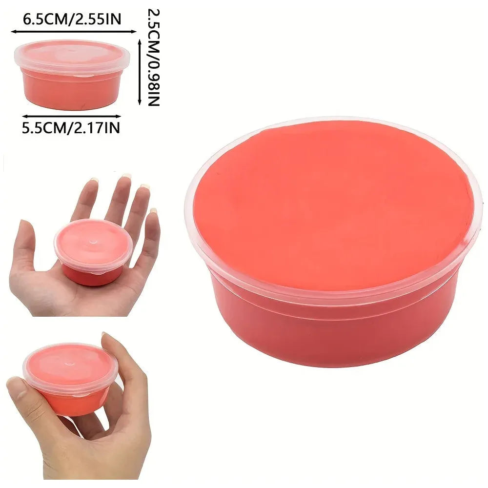 Red, round container with a transparent lid featured in three images: one showing its size in hand, another detailing dimensions (6.5cm x 2.5cm), and a close-up filled with Sensory 60ml Butter Slime Polymer Putty made from a non-sticky soft cotton formula.