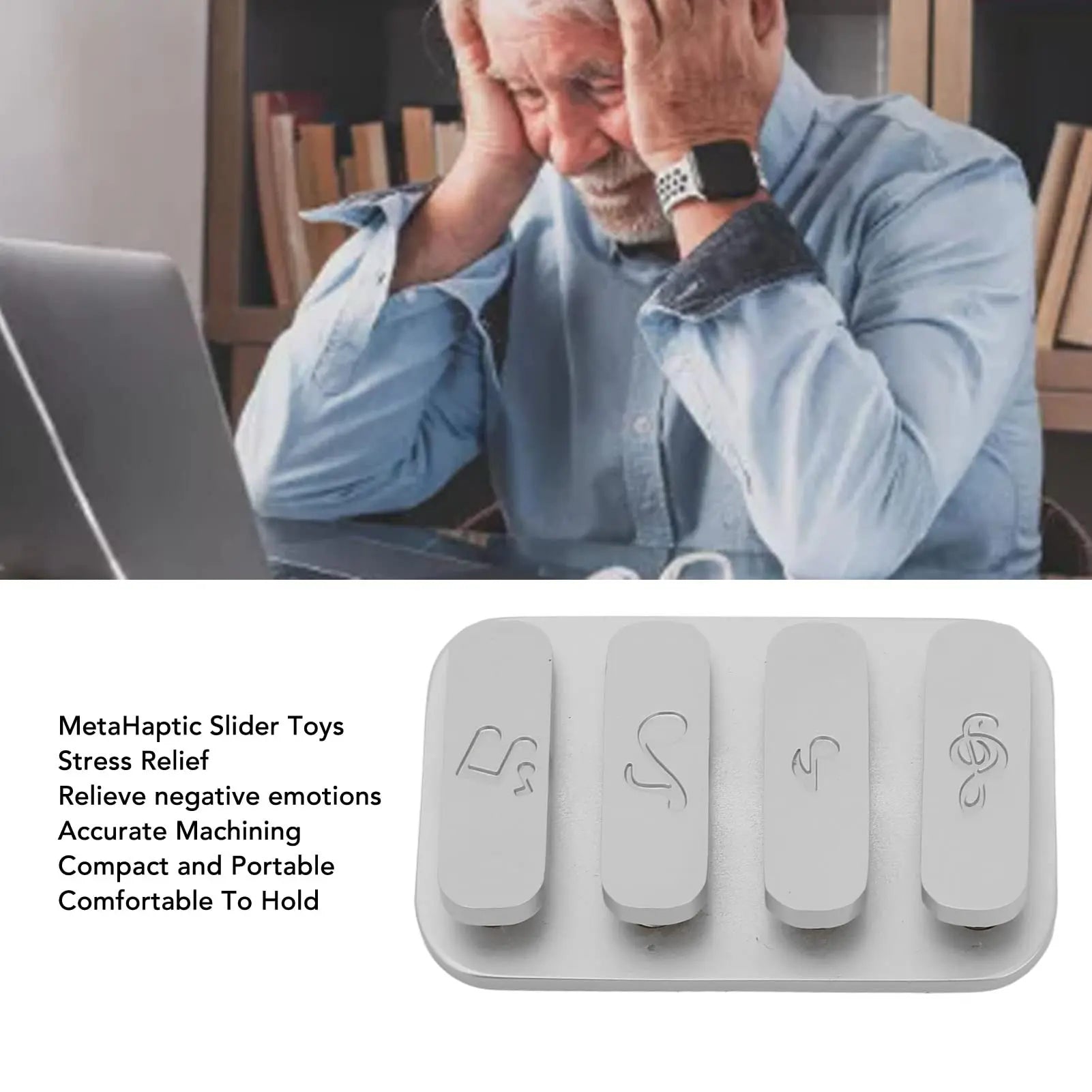 An older man sits at his desk, frustrated beside his laptop. Below, four Alloy 4/8 Keys Piano Keys Magnetic Fidget Clicker Sliders offer chemical-free stress relief and portability—ideal for ages 6-12 and adults alike.