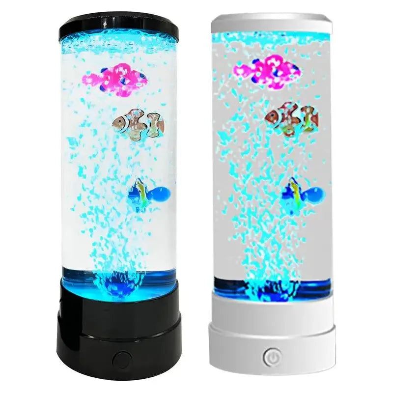 Two Enchanting Bubble Fish Night Light Aquarium Lamps with color-changing LEDs feature realistic aquariums with plastic fish figures—a pink one and a clownfish. Blue bubbles rise from their black and white bases, crafting a charming visual allure.