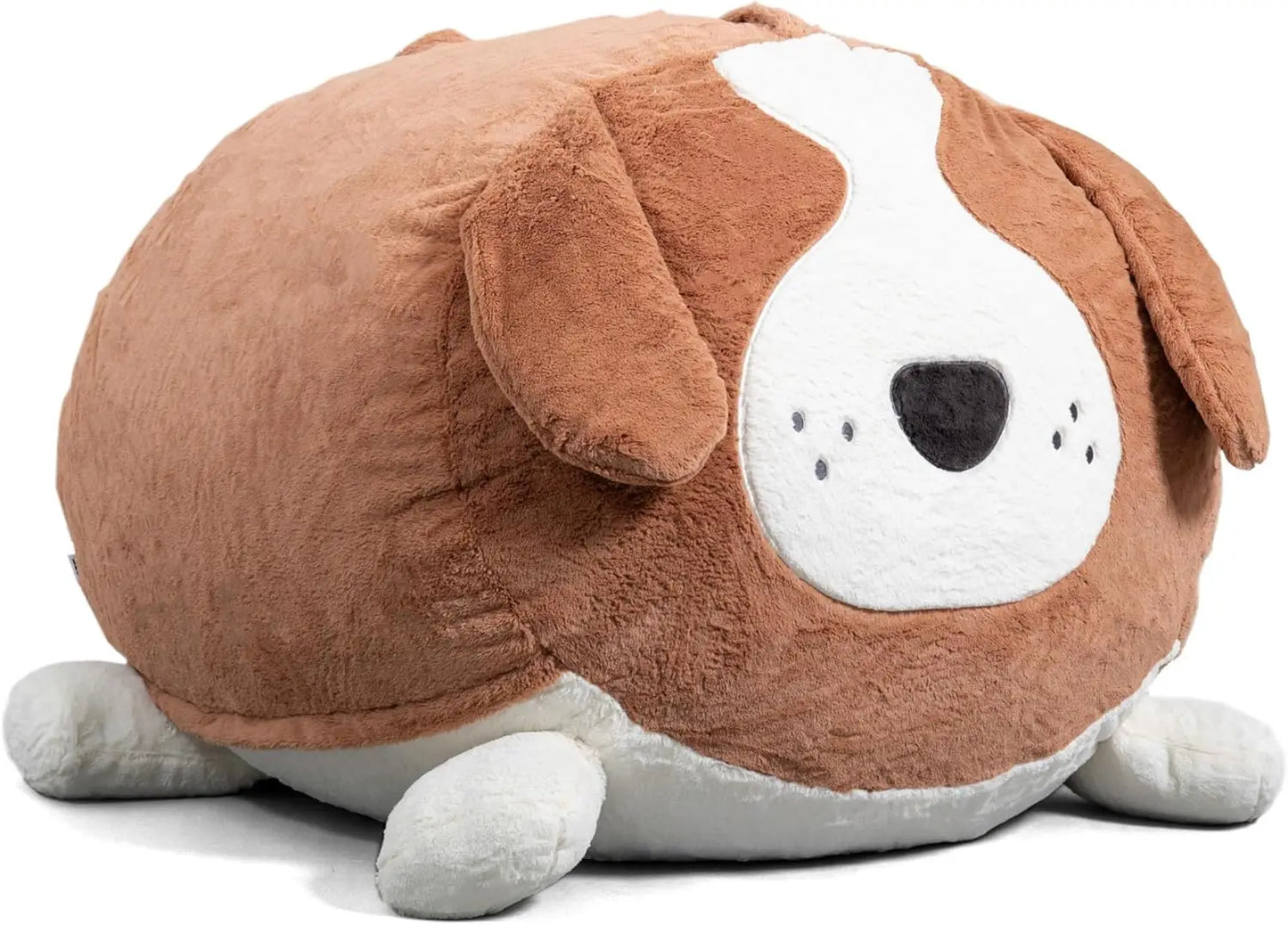 A plush toy shaped like a round, chubby dog in the Kenny Canine color sits atop the Fuf XXL Foam Filled Bean Bag Chair, Deep Terracotta, 6 Feet, creating an adorable accent for any room.