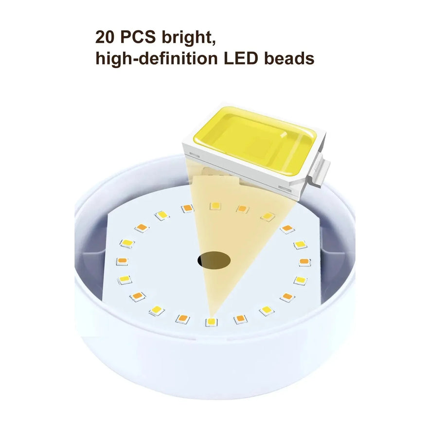 Illustration of the Touch Control LED Night Light Lamp with 3 color settings showing 20 bright, HD LED beads in a circle. One USB rechargeable LED is enlarged above, emitting light. Text reads, 20 PCS bright, high-definition LED beads.