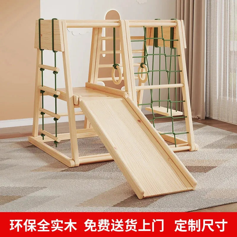 The Indoor Wooden Climbing Frame for Kids with a slide and swing sits on a patterned rug, featuring climbing rope sides and rings. Nestled in a room with curtains and plain walls, elegant Chinese text in red adorns the bottom.