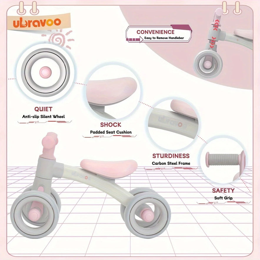 UBRAVOO Sliding Balance Bike features a 3-mode headlight, 4 transparent silent wheels, soft grip handlebars, padded seat, and carbon steel frame—perfect ride-on toy for birthdays and early learning to develop gross motor skills.