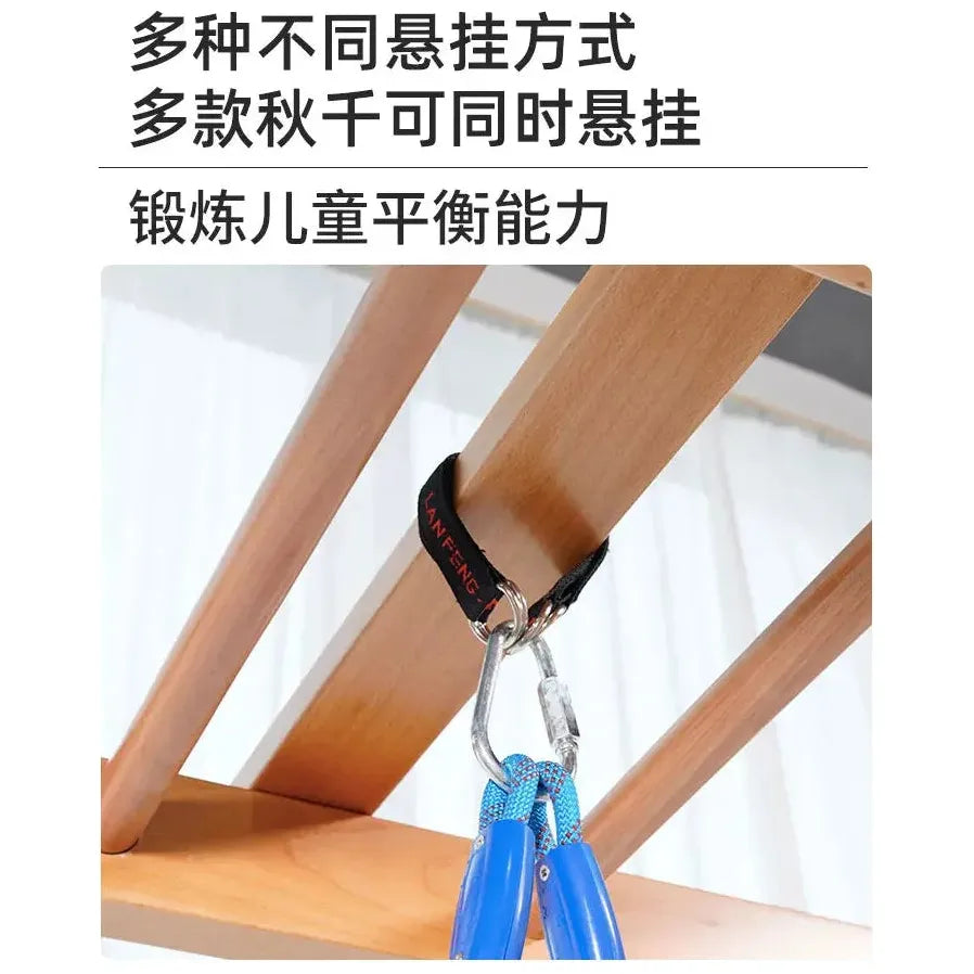 The Indoor Sensory Fitness Ladder for Kids features a wooden climbing structure with a black MIAWNFEN strap. It includes a carabiner clip holding blue ropes, ideal for childrens indoor activities. The top of the image displays Chinese text.